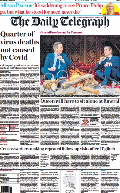The Daily Telegraph Newspaper Front Page (UK) for 14 April 2021