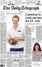 The Daily Telegraph Newspaper Front Page (UK) for 14 May 2013