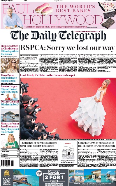 The Daily Telegraph Newspaper Front Page (UK) for 14 May 2016