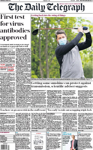 The Daily Telegraph Newspaper Front Page (UK) for 14 May 2020