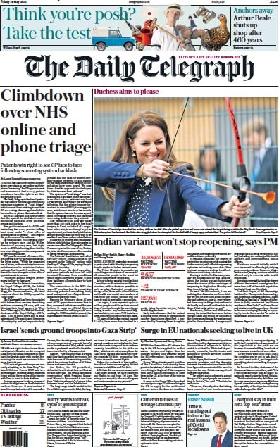 The Daily Telegraph Newspaper Front Page (UK) for 14 May 2021