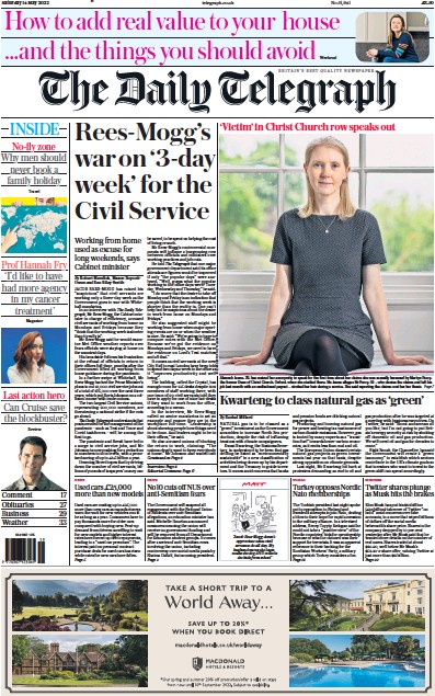 The Daily Telegraph Newspaper Front Page (UK) for 14 May 2022
