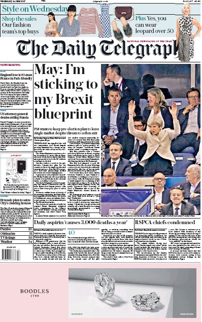 The Daily Telegraph Newspaper Front Page (UK) for 14 June 2017