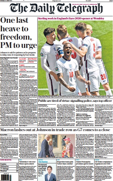 The Daily Telegraph Newspaper Front Page (UK) for 14 June 2021