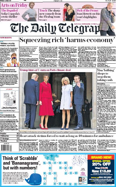 The Daily Telegraph Newspaper Front Page (UK) for 14 July 2017