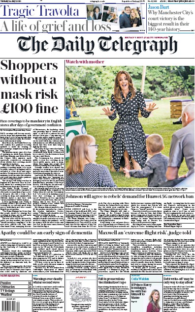 The Daily Telegraph Newspaper Front Page (UK) for 14 July 2020