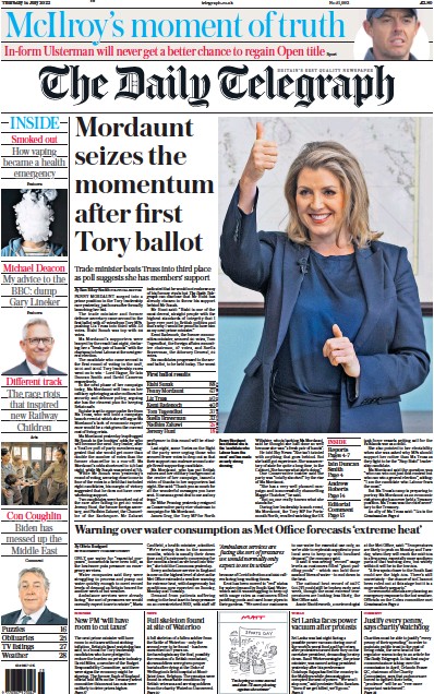 The Daily Telegraph Newspaper Front Page (UK) for 14 July 2022