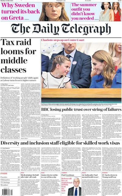 The Daily Telegraph Newspaper Front Page (UK) for 14 July 2025
