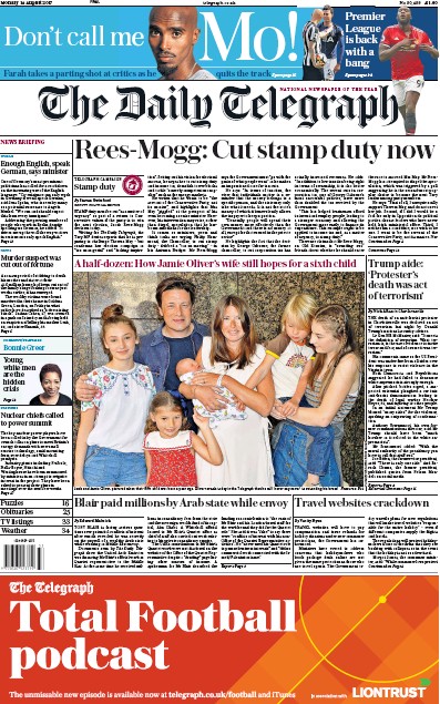 The Daily Telegraph Newspaper Front Page (UK) for 14 August 2017