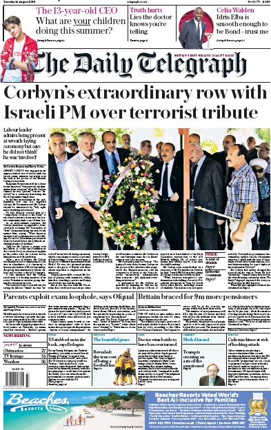 The Daily Telegraph Newspaper Front Page (UK) for 14 August 2018