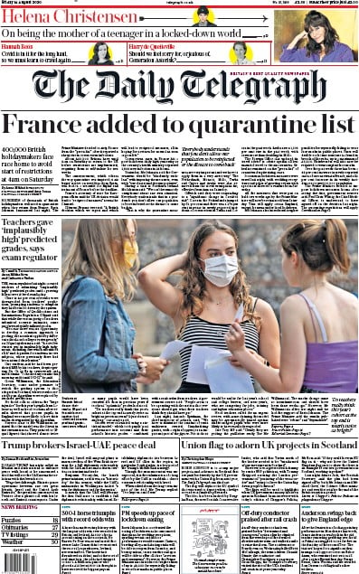 The Daily Telegraph Newspaper Front Page (UK) for 14 August 2020