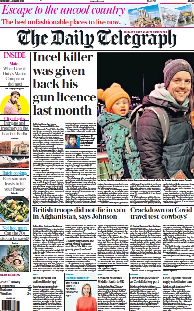 The Daily Telegraph Newspaper Front Page (UK) for 14 August 2021