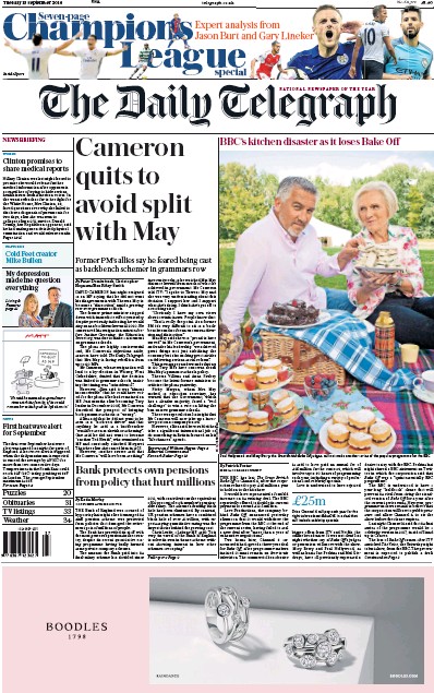 The Daily Telegraph Newspaper Front Page (UK) for 14 September 2016