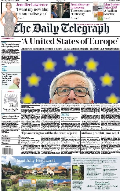 The Daily Telegraph Newspaper Front Page (UK) for 14 September 2017