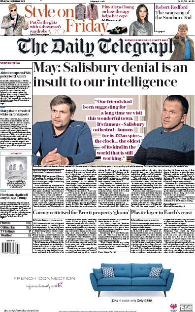 The Daily Telegraph Newspaper Front Page (UK) for 14 September 2018