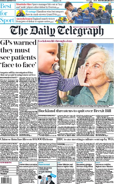 The Daily Telegraph Newspaper Front Page (UK) for 14 September 2020