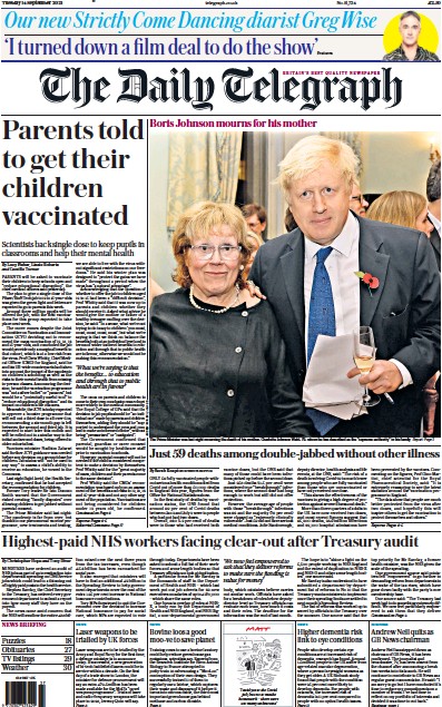 The Daily Telegraph Newspaper Front Page (UK) for 14 September 2021