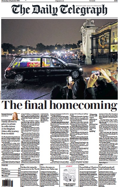 The Daily Telegraph Newspaper Front Page (UK) for 14 September 2022