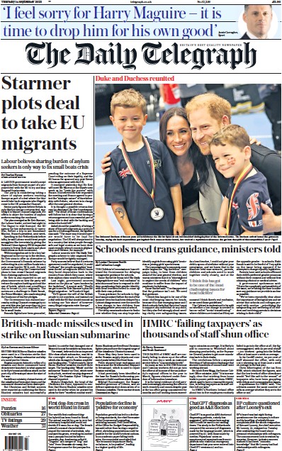 The Daily Telegraph Newspaper Front Page (UK) for 14 September 2023