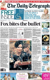 The Daily Telegraph (UK) Newspaper Front Page for 15 October 2011