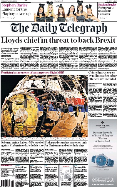 The Daily Telegraph Newspaper Front Page (UK) for 15 October 2015