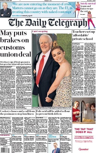 The Daily Telegraph Newspaper Front Page (UK) for 15 October 2018