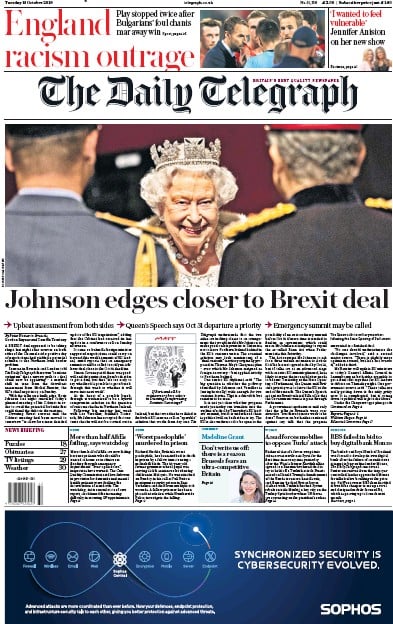 The Daily Telegraph Newspaper Front Page (UK) for 15 October 2019