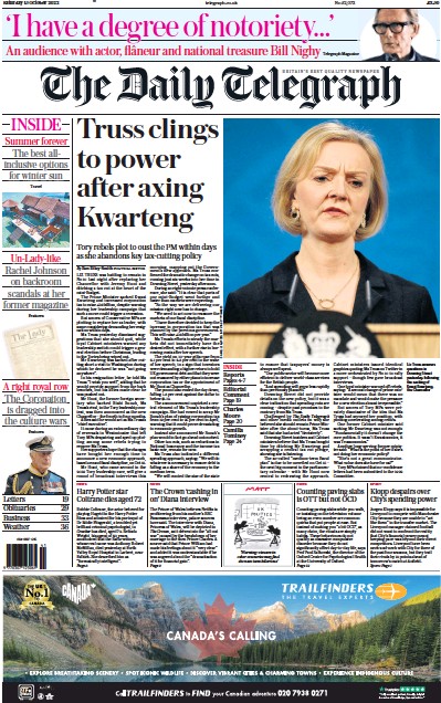 The Daily Telegraph Newspaper Front Page (UK) for 15 October 2022
