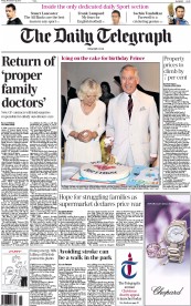 The Daily Telegraph Newspaper Front Page (UK) for 15 November 2013