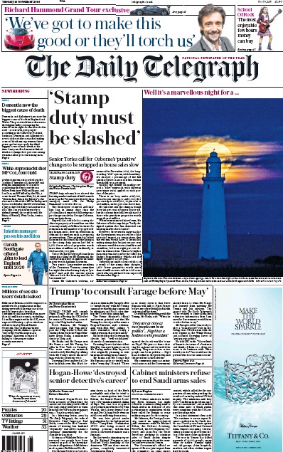 The Daily Telegraph Newspaper Front Page (UK) for 15 November 2016
