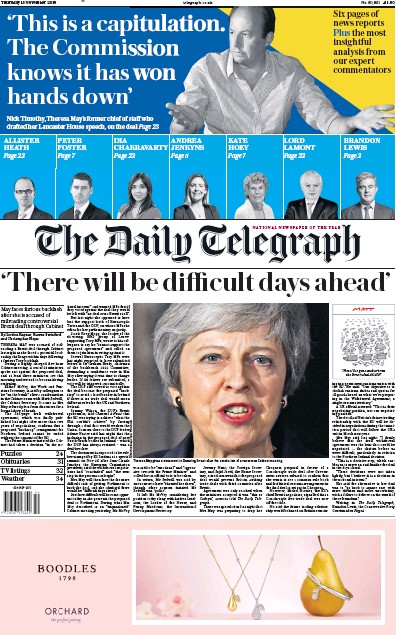 The Daily Telegraph Newspaper Front Page (UK) for 15 November 2018