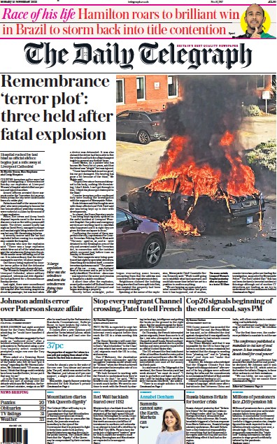 The Daily Telegraph Newspaper Front Page (UK) for 15 November 2021