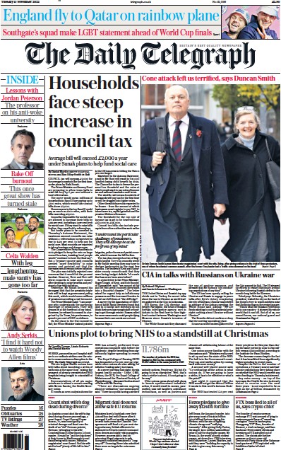 The Daily Telegraph Newspaper Front Page (UK) for 15 November 2022