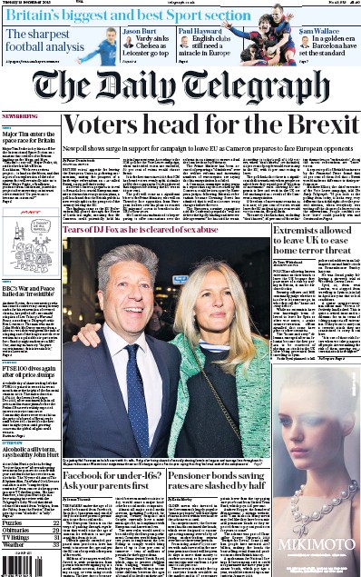 The Daily Telegraph Newspaper Front Page (UK) for 15 December 2015