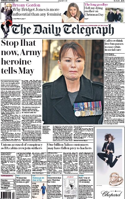 The Daily Telegraph Newspaper Front Page (UK) for 15 December 2016