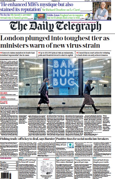 The Daily Telegraph Newspaper Front Page (UK) for 15 December 2020