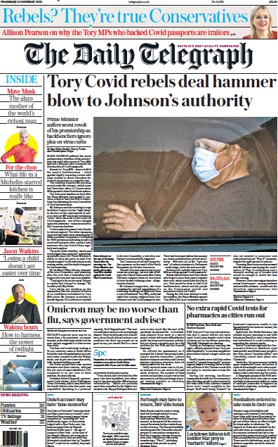 The Daily Telegraph Newspaper Front Page (UK) for 15 December 2021