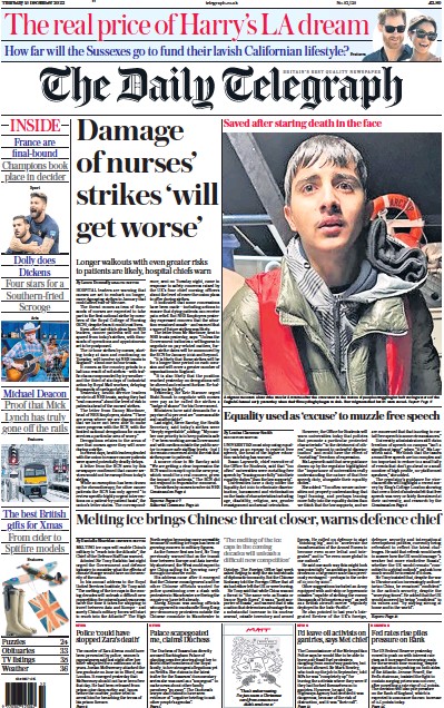 The Daily Telegraph Newspaper Front Page (UK) for 15 December 2022