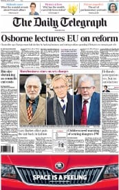 The Daily Telegraph Newspaper Front Page (UK) for 15 January 2014