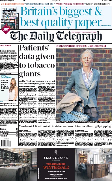 The Daily Telegraph Newspaper Front Page (UK) for 15 January 2018