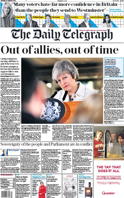 The Daily Telegraph Newspaper Front Page (UK) for 15 January 2019