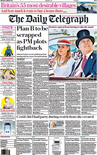 The Daily Telegraph Newspaper Front Page (UK) for 15 January 2022