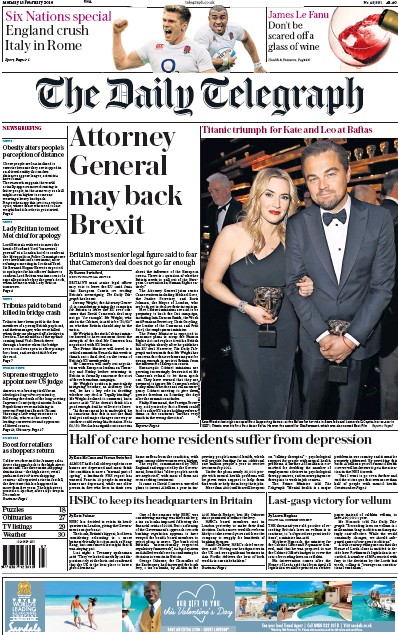 The Daily Telegraph Newspaper Front Page (UK) for 15 February 2016
