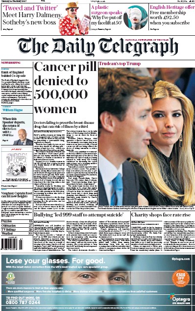 The Daily Telegraph Newspaper Front Page (UK) for 15 February 2017