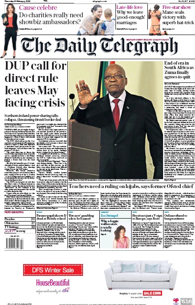 The Daily Telegraph Newspaper Front Page (UK) for 15 February 2018