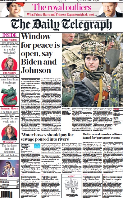 The Daily Telegraph Newspaper Front Page (UK) for 15 February 2022