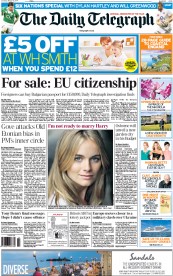The Daily Telegraph Newspaper Front Page (UK) for 15 March 2014