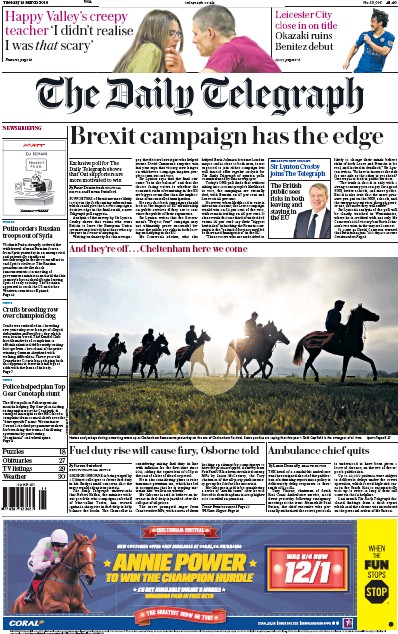 The Daily Telegraph Newspaper Front Page (UK) for 15 March 2016