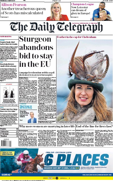 The Daily Telegraph Newspaper Front Page (UK) for 15 March 2017