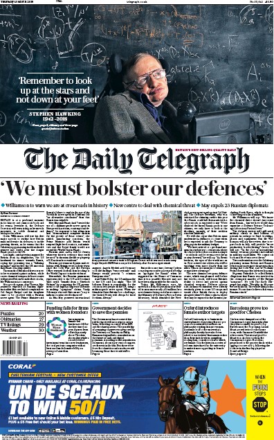 The Daily Telegraph Newspaper Front Page (UK) for 15 March 2018